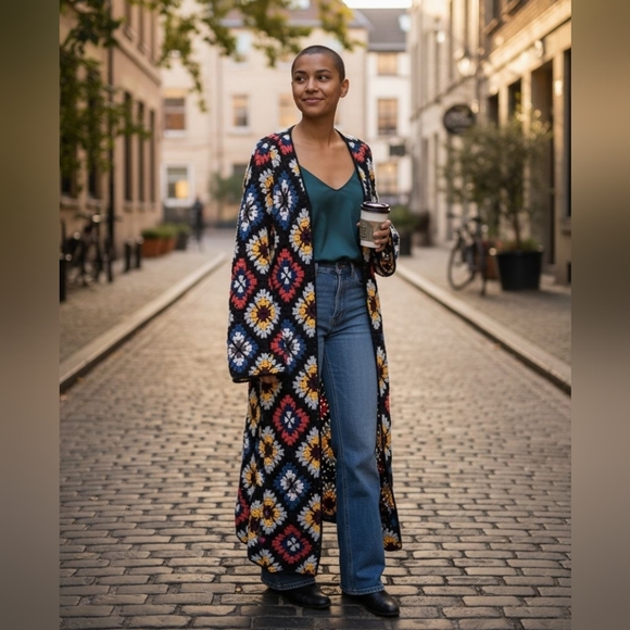 🔥NWOT! UNICORN! RARE! Granny Squares Party Cardi Duster Full Length Cardigan! - Picture 3 of 16